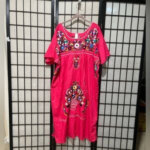 Liliana Cruz VIBRANT PINK Embroidered Cotton PEASANT DRESS SIZE 3X
